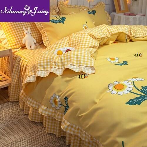 Ins Korean style bed skirt four-piece princess style skin-friendly sanding quilt cover sheet three-piece girl heart bedding