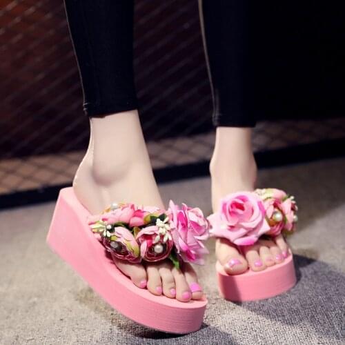 Ladies Summer Slippers Handmade Flip Flop Flowers Decoration Female Flip Flops Slippers High Heel Bohemia Beach Sandal Shoes