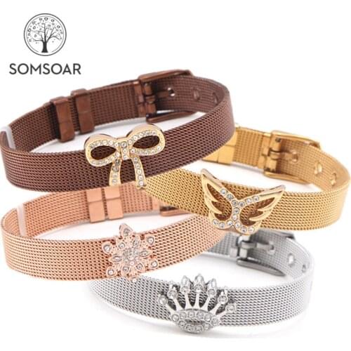 Somsoar Jewelry 4 Color mixed Stainless Steel Mesh Bracelet with DIY Slide Charms Dropshipping silvering/gold/coffee/rose