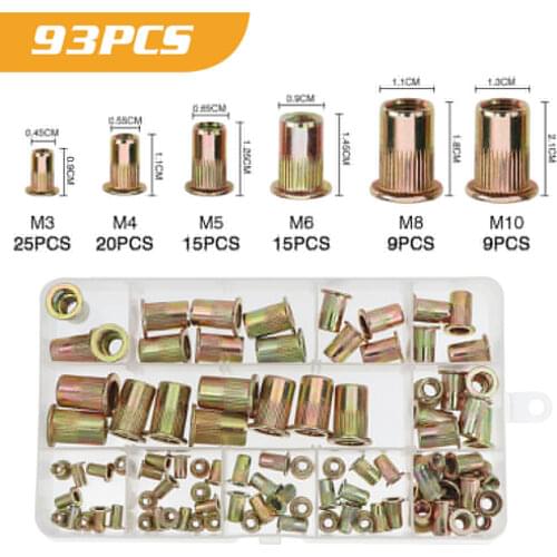 93pcs Zinc Plated Rivetnuts Blind Set Nutserts Threaded Insert Nutsert Cap Flat Head Rivet Nuts Carbon Steel M3 M4 M5 M6 M8 M10