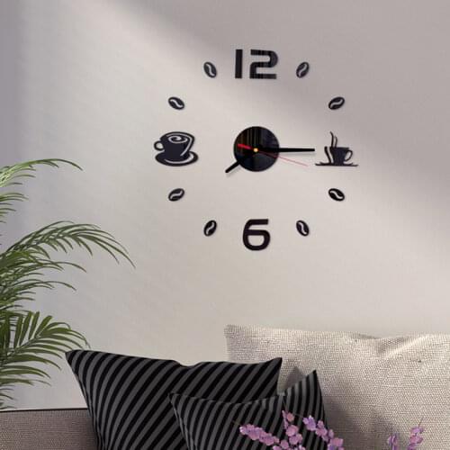 3D Mirror Wall Clock Modern Design Quartz Wall Clock Self Adhesive Modern Mute Acrylic Art Analog Kitchen DIY Coffee Cups Decor