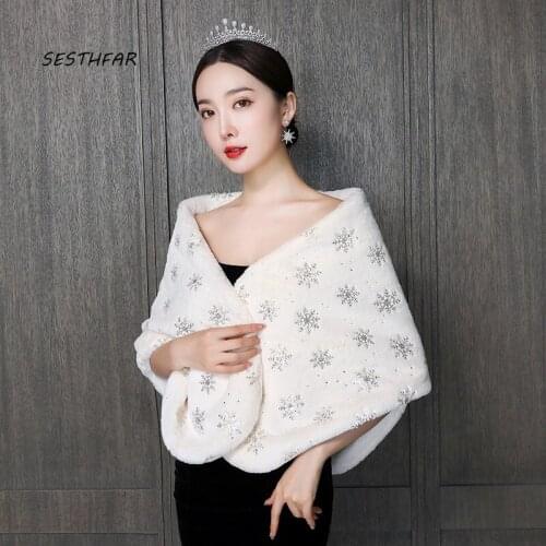 Women Wrap Bridal Shawl Fur Shrug Winter Faux Fur Women Evening Formal Cover Up Stole Thick Wedding Accessories PJ062