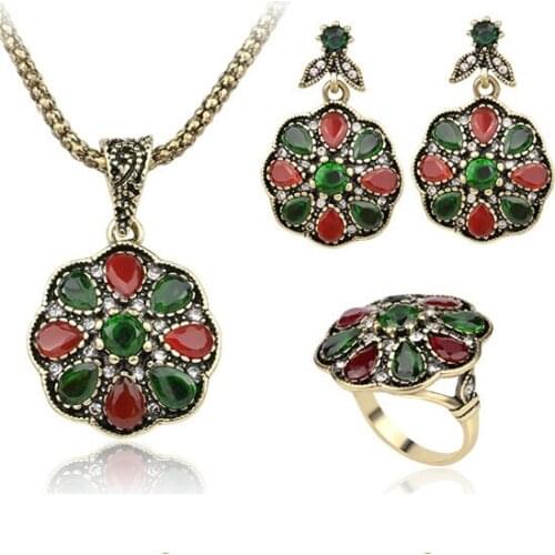 Special Design Turkish Flower Jewelry Sets Green Round Acrylic Pendants Vintage Necklace Princess Women Vintage Jewellery Sets