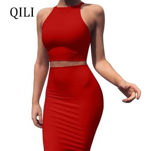 QILI Women Sleeveless Two Piece Set Dress White Black Blue Yellow Red Dresses Solid 2 Piece Set Sexy Party Bodycon Dress