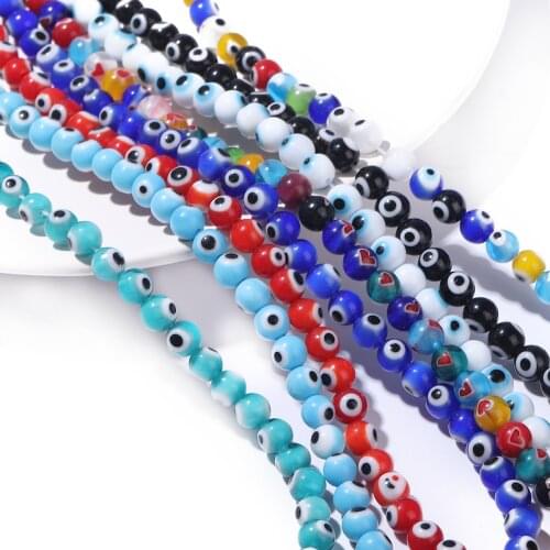 4/6/8mm 48-98Pcs Round Shape Evil Eye Beads Flower Patterns Glass Lampwork Loose Crafts Beads for Necklace Bracelets Making DIY