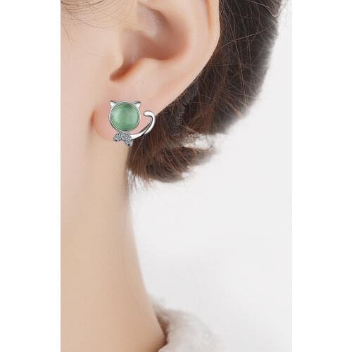 925 Sterling Silver New Jewelry Luxury Cat Green Crystal Earrings For Women Retro Trendy Party Girls Gift