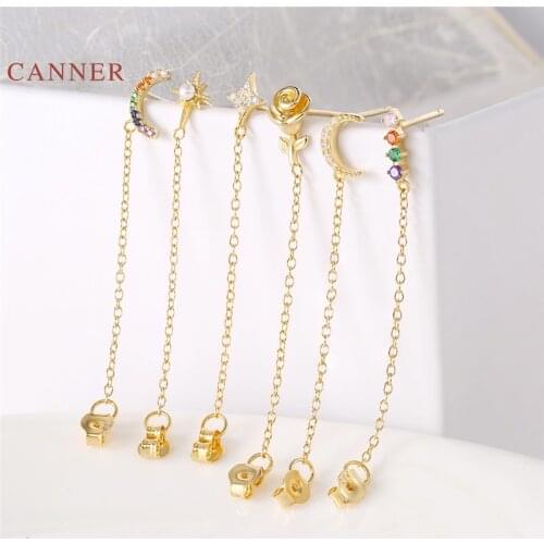 CANNER 1PC 925 Sterling Silver Earrings For Women Rainbow fringes moon star star Pearl Piercing Stud Earrings Jewelry Pendientes