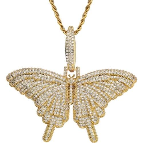 Full Cubic Zircon Butterfly Pendant Necklace Gold Silver Color Hip Hop Charm Jewelry