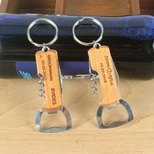 Personalized logo wooden Knife folding blade wood knife bottle open with keychain wedding gifts for guests wedding souvenirs