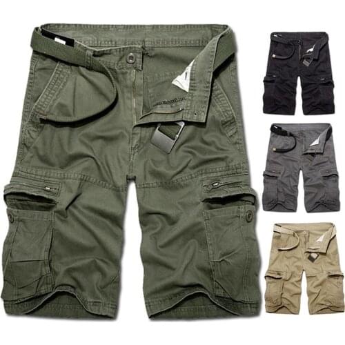 Men Casual Solid Color Breathable Multi Pockets Short Cargo Pants Beach Shorts