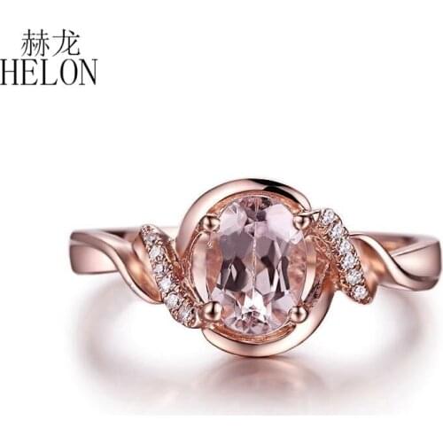 HELON Solid 10K Rose Gold Flawless Oval 0.9CT Natural Morganite Diamonds Women Fine Jewelry Engagement Wedding Ring Best Gift