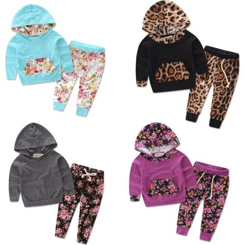 Cotton Baby Clothes for Girls and Boys Sweater Camouflage Plaid Leopard Floral Print Sweatshirt Pants Kids Hooded Clothing Set