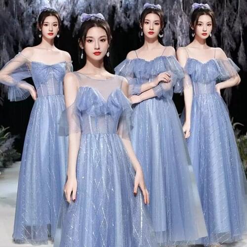 Bridesmaids Dresses Illusion O-Neck A-Line Off The Shoulder Lace Tulle Sequined Luxury Floor-Length Lady Wedding Party Gown E441