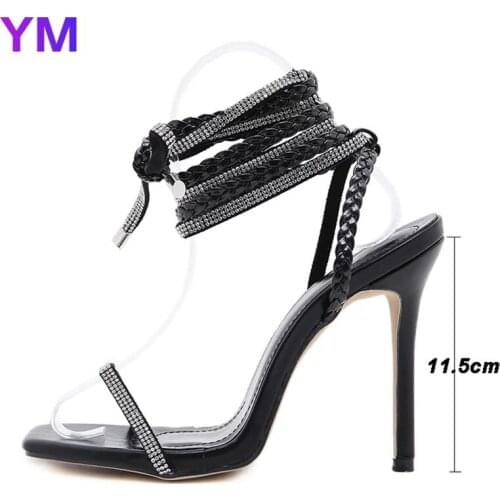 Summer 2021 New Design Ankle Strap Sandals Women Thin Heel Party Cross Lace-Up Strange Style Sandal Shoes 11.5CM Size 42 43