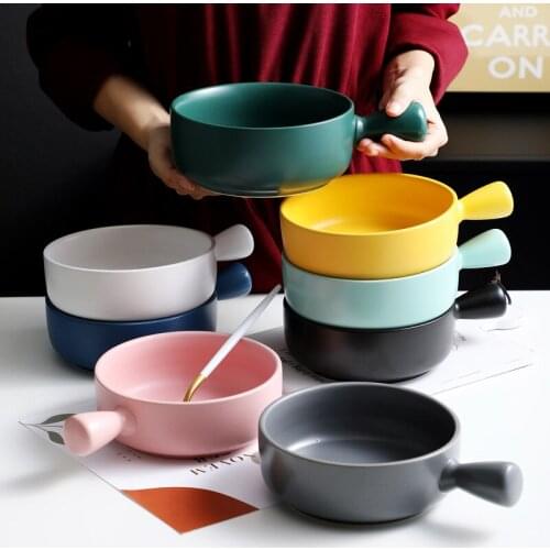 Oven Baked Rice Ceramic Handle Bowl Solid Color Microwave Oven Baking Bowls Fruit Salad Plate Home Kitchen Breakfast Bowl Plate