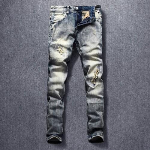 Italian Style Fashion Men Jeans High Quality Elastic Slim Fit Ripped Denim Pants Stretch Retro Vintage Designer Long Trousers