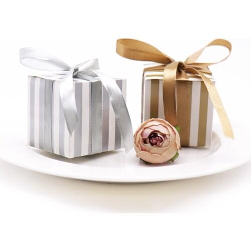 Small Candy Box Bulk 2x2x2 inch with Ribbon, Gold White Strips Box Party Favors Pack of 50