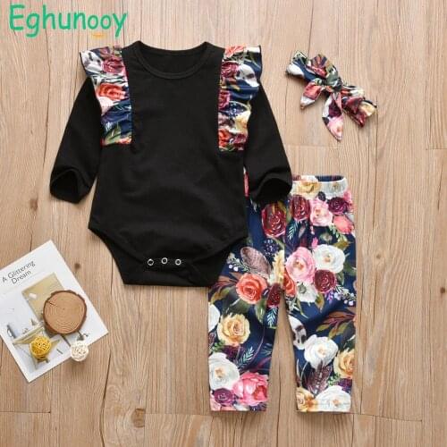 3Pcs Infant Baby Girls Autumn Clothing Set Long Sleeve Flutter Ruffle Cotton Tops Floral Pants and Headband Newborn Clothes