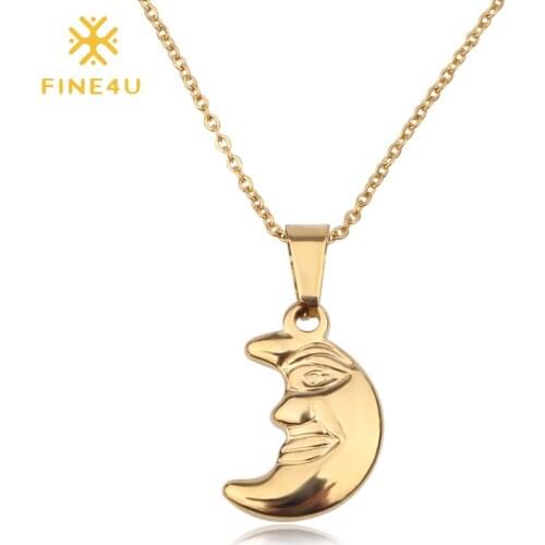 FINE4U N165 Tiny Moon Face Pendant Necklaces For Women Stainless Steel Link Chain Necklace 2019 Collier Fashion Jewelry