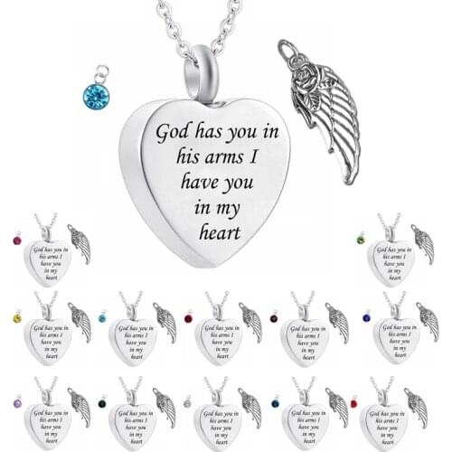 God has You in his arms with Angel Wing Birthstone Crystal Cremation Jewelry Heart Pendant Keepsake Memorial Ashes Urn Necklace