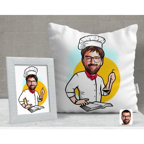 Personalized Men 'S Chef Caricature Of Decorative pillow And Frame Gift Seti-12