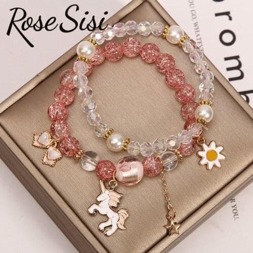 Rose sisi Korean style Glass burst beads crystal bracelet female heart friends cute simple animal bracelet for woman Jewelry
