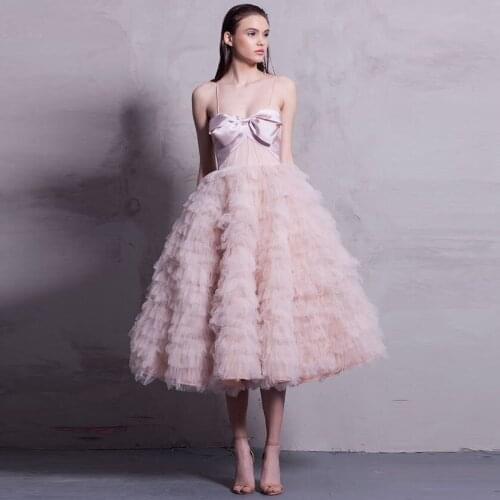 Sexy Cute Pink Spaghetti Strap Women Dress Ruffles Tulle Knee Length Evening Dresses Plus Size Custom Made