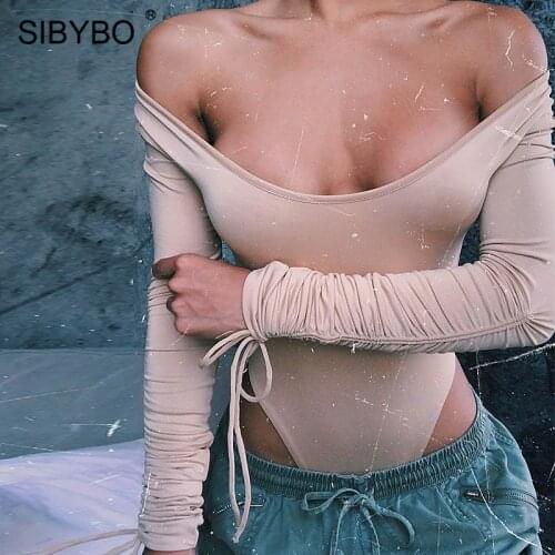 Sibybo Autumn Long Sleeve Skinny Sexy Bodysuit Women Fashion O-Neck Pleated Romper Women Black Casual Ladies Bodysuit Jumpsuit
