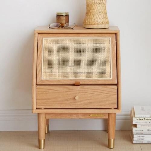 Japanese Style Solid Wood Nightstand Modern Minimalist Creative Rattan Small Cabinet Nordic Bedroom Bedside Storage Cabinet
