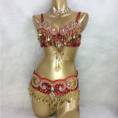Handmade Beaded Belly Dance Costume Wear Bar+Belt 2piece/ Set ,5 Color Ladies Belly Dance Costumes Women Dancing Wear DL6278