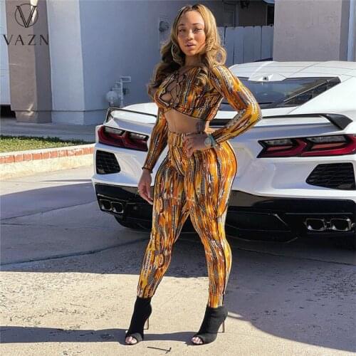 VAZN 2021 spring hot sale women casual street style long sleeve round neck top elastic long pants printed two piece sets
