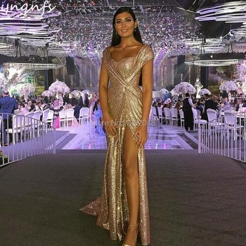 YNQNFS E27 Gold Sequin Cap Sleeve Sexy High Slit Sweep Train Party Prom Evening Dresses Long 2019
