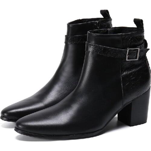 Winter Boots Men Genuine Leather Ankle Boots Thick Heels Men Buckle Shoes Cowboy Prints Boots Men High Heel Zapatos Hombre