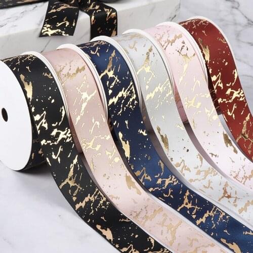 25mm Gift Ribbon Satin Marble/Crack Gold Foil Printed For Gift Wrapping Home Decor Handmade Hair Bow Material DIY Craft Ribbon C