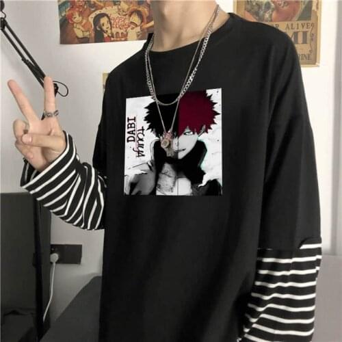 Japan Anime My Hero Academia Dabi Oversize T Shirt Men Harajuku Manga Sad Boy Unisex Fashion Streets Long Sleeve Stripes T Shirt