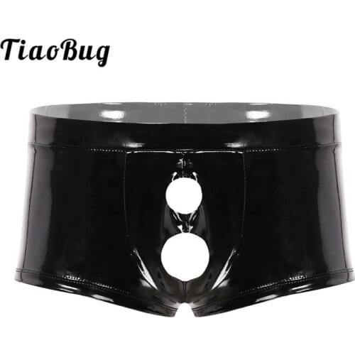 Hot Sexy Men Wet Look Black Patent Leather Underpants Low Rise Bulge Pouch Crotchless Boxer Shorts Open Crotch Erotic Underwear