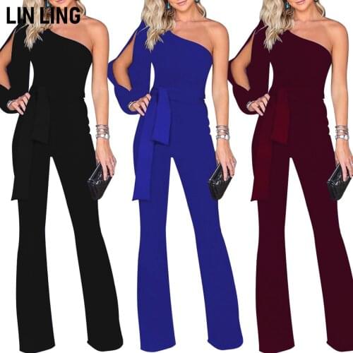 LINLING Solid Color Slant Shoulder Single Sleeve Split Slim Bandage Professional Female Temperament Wide Leg Jumpsuits