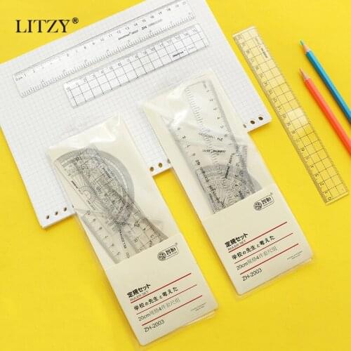 LITZY 4pcs Transparent Ruler Set Protractor Mathematical Compasses for School Stationery 20cm Plastic Simple Straight Rulers