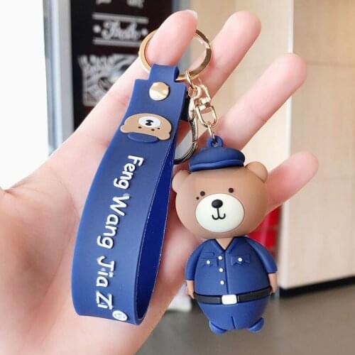 Cartoon Bear Policeman Doll Metal Keychain Ins Blue Brown Pendant Bag Car Keyring Lanyard Men Women Couple Gift
