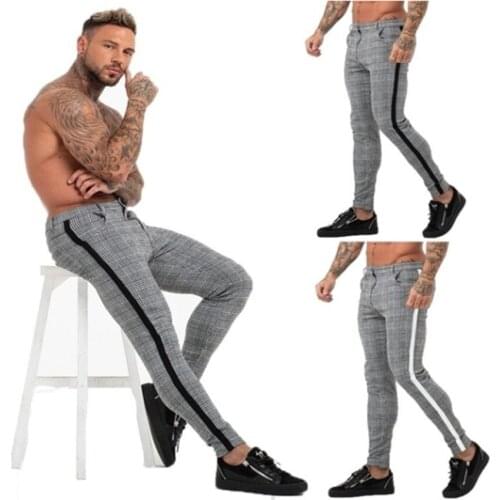 Mens Plaid Trousers Long Pencil Pants Button Placket Skinny Type Middle Waist Fashion Trendy Casual Trousers
