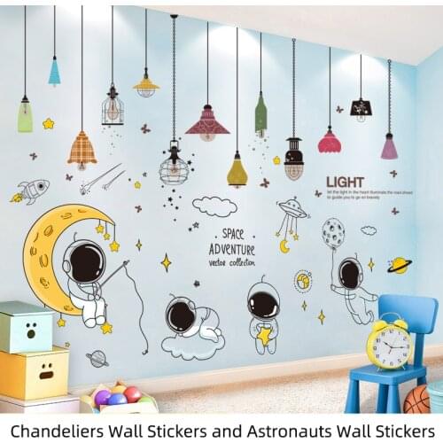 [shijuekongjian] Cartoon Astronaut Wall Stickers DIY Outer Space Mural Decals for House Kids Rooms Baby Bedroom Decoration