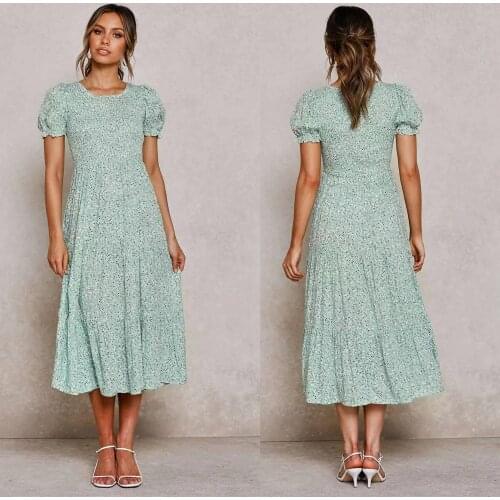 2021Spring new European and American style womens short sleeve elastic waist printed dress 568