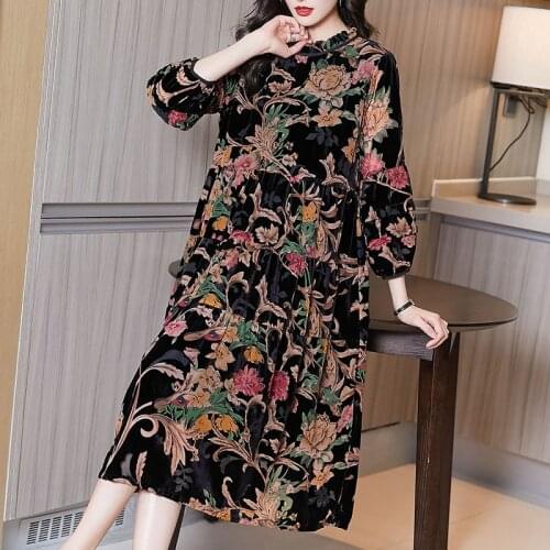 2021 New Spring Golden Velvet Jacquard Women Long Dress Vintage Loose Print Ruffles Ladies Dresses Vestidos Elegantes Oversized