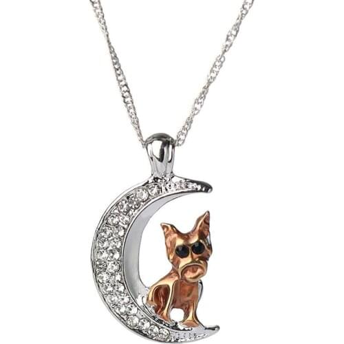 2020 Fashion Women Cute Puppy Moon Shaped Pendant Rhinestone Decor Animal Statement Necklace Engagement Wedding Jewelry Gifts