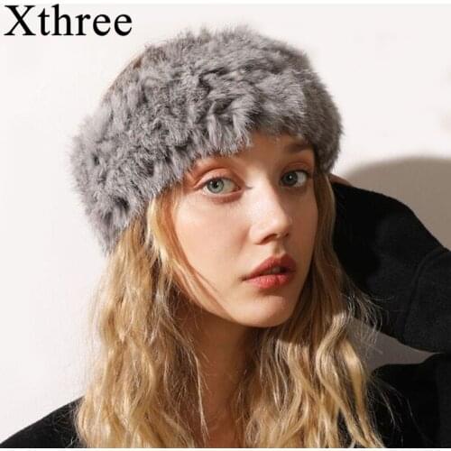 Xthree winter womens fur headband hand sewn natural rabbit fur girl headwear female desiger elastic hair accessories