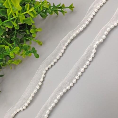 1.2cm Transparent Chiffon Organza Lace Ribbon with Fake Pearl DIY Apparel Sewing Fabric Dress Clothing Shoes Hat Decoration Lace