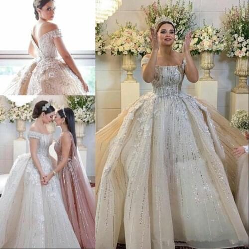 2020 Luxury Beaded Wedding Dresses Off Shoulder Sequined 3D Floral Appliques Bridal Gowns Plus Size Arabia Vintage Wedding Dress
