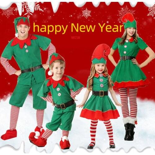 Men Women Girls Boys Christmas Santa Claus Costume Green Elf Cosplay Family Christmas Party New Year Fancy Dress Clothes Set For