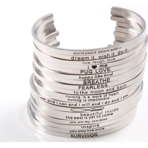 Silver Custom Stainless Steel Engraved Message Bracelet Personalized Positive Inspirational Letter Bracelet & Bangle For Women