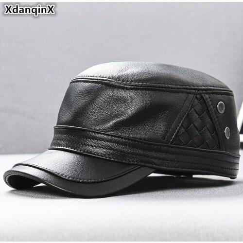 XdanqinX Hats Men Real Genuine Leather Hat Military Hats Mens Flat Caps Sheepskin Leather Cap Adjustable Size Male Brands Cap